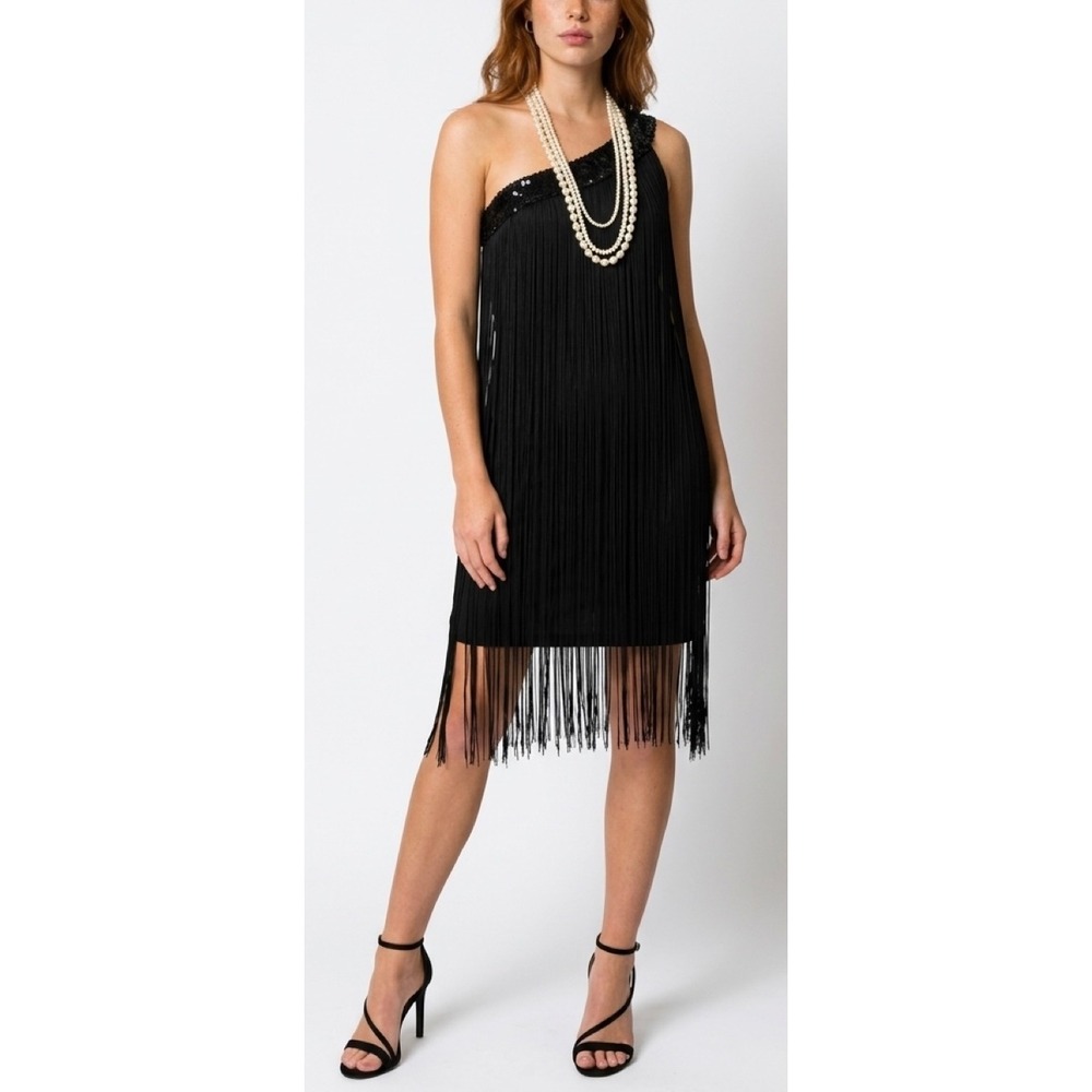 Black One Shoulder Fringe Flapper Dress Sequin Neckline with Necklace Size M/L